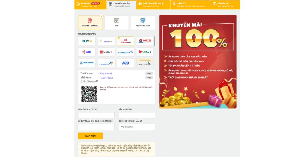 Hướng dẫn nạp tiền Five88 bằng Internet Banking